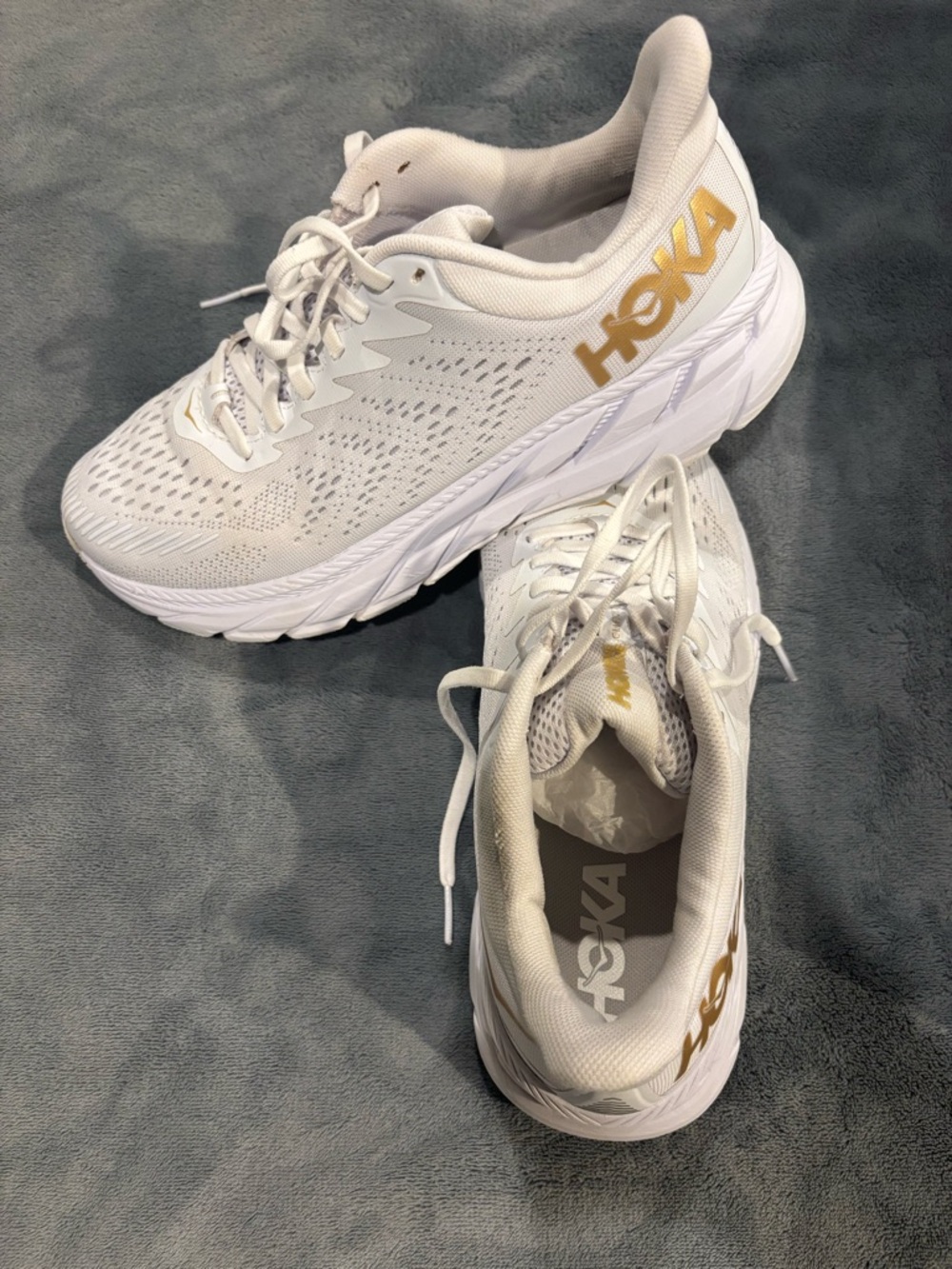 Hoka Women's White and Gold Athletic Running Shoes